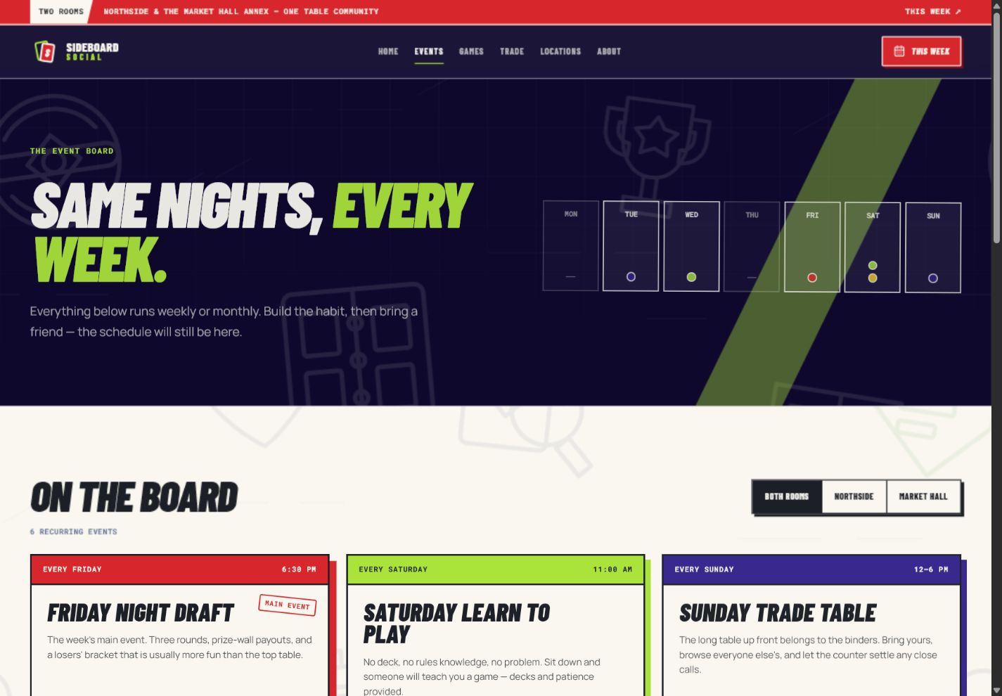 Sideboard Social events concept with a weekly schedule and ticket-style event details