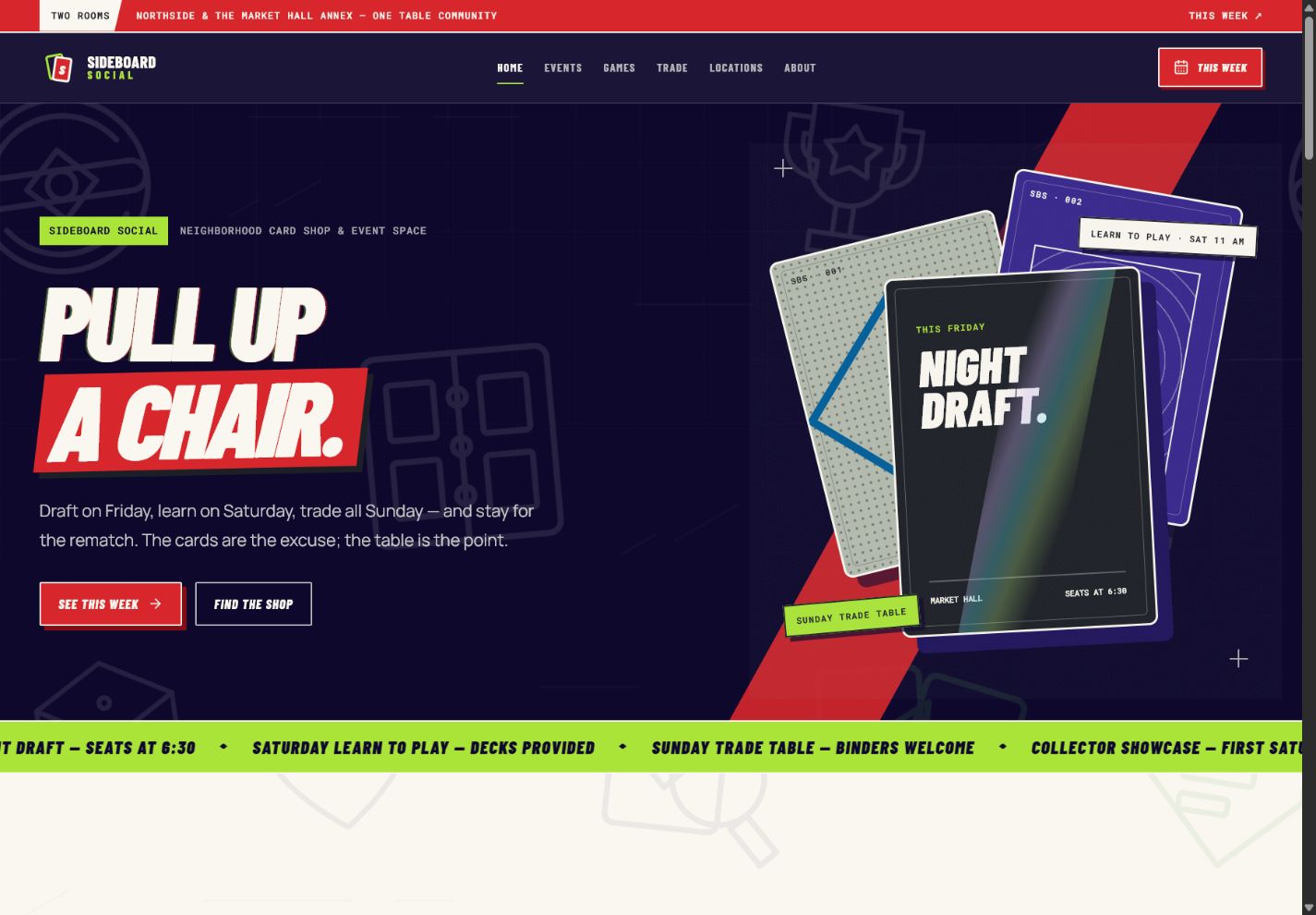 Sideboard Social trading-card shop concept homepage with event-focused navigation and layered card artwork