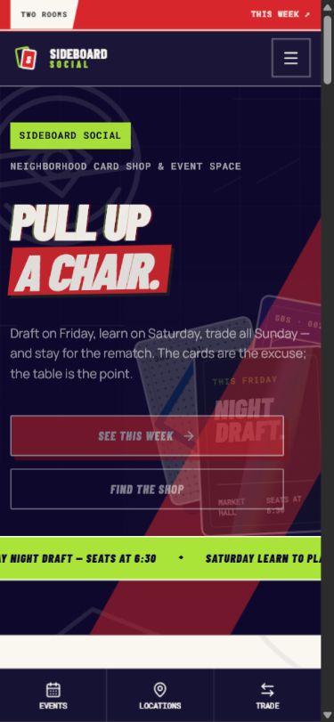Mobile view of the Sideboard Social homepage concept